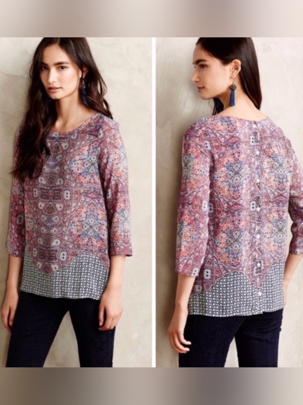 Anthropologie Maeve Sidney Silk Button Back Mosaic Top - Size 2